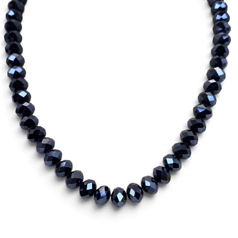 Navy Blue Faceted Bead Necklace Graduated Statement Jewelry Magnetic Clasp - Picture 4 of 12